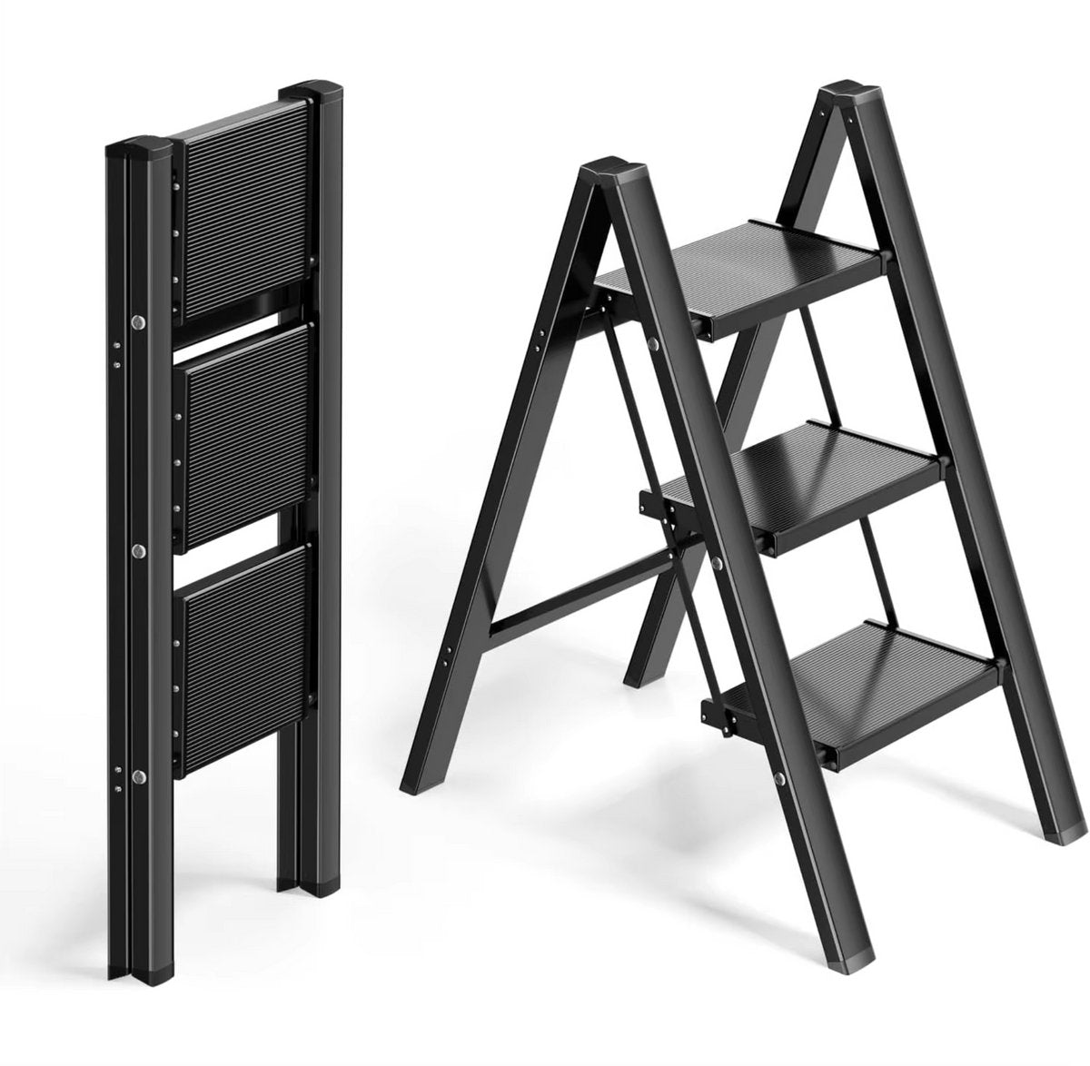 Huishoudtrap - Keukentrap - 3 treden - Ladder Aluminium - Opstapkruk met anitslip - Lichtgewicht - 150KG Belastbaar - Zwart
