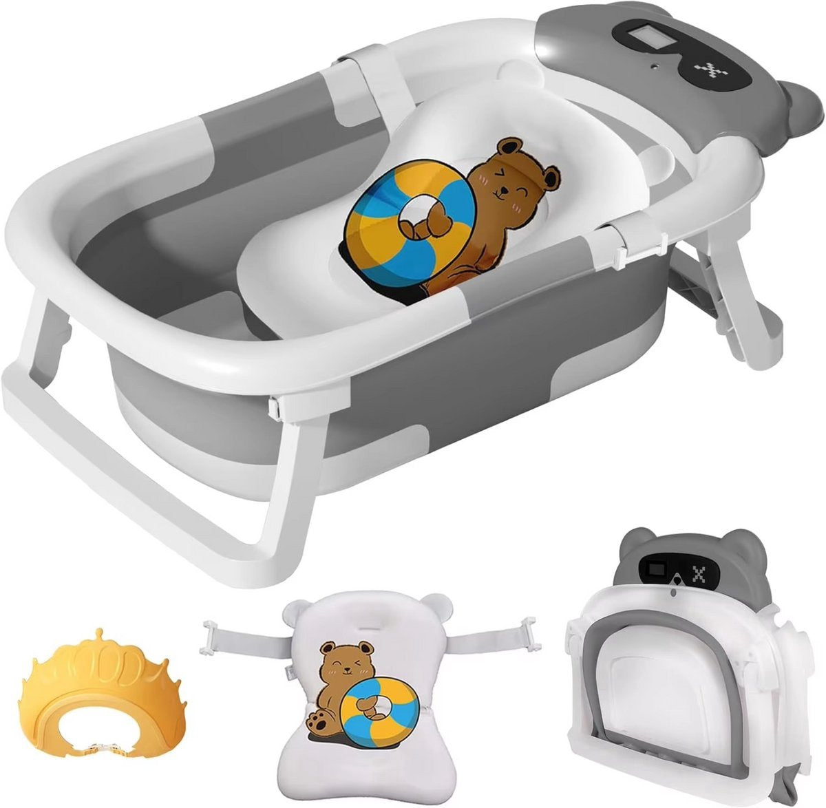 Babybadje Opulence - Grijs - Temperatuurweergave - Baby bad met standaard - Zitbad - Kinderbad - Opvouwbaar