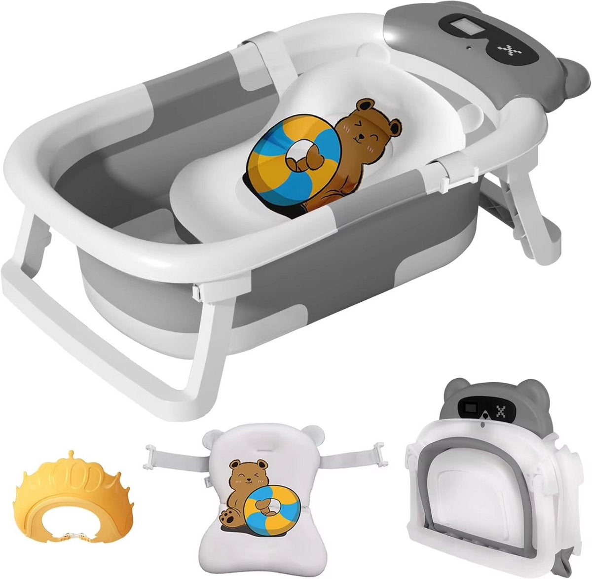 Babybadje - Grijs - Temperatuurweergave - Baby bad met standaard - Zitbad - Kinderbad - Opvouwbaar