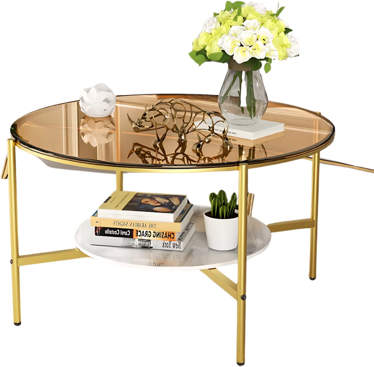 Salontafel Mira - 2-Lagen Glazen Design - Goud - Glanzend Tafelblad & Leistenen Onderplank - Moderne Luxe Thee- & Bijzettafel voor Woonkamer