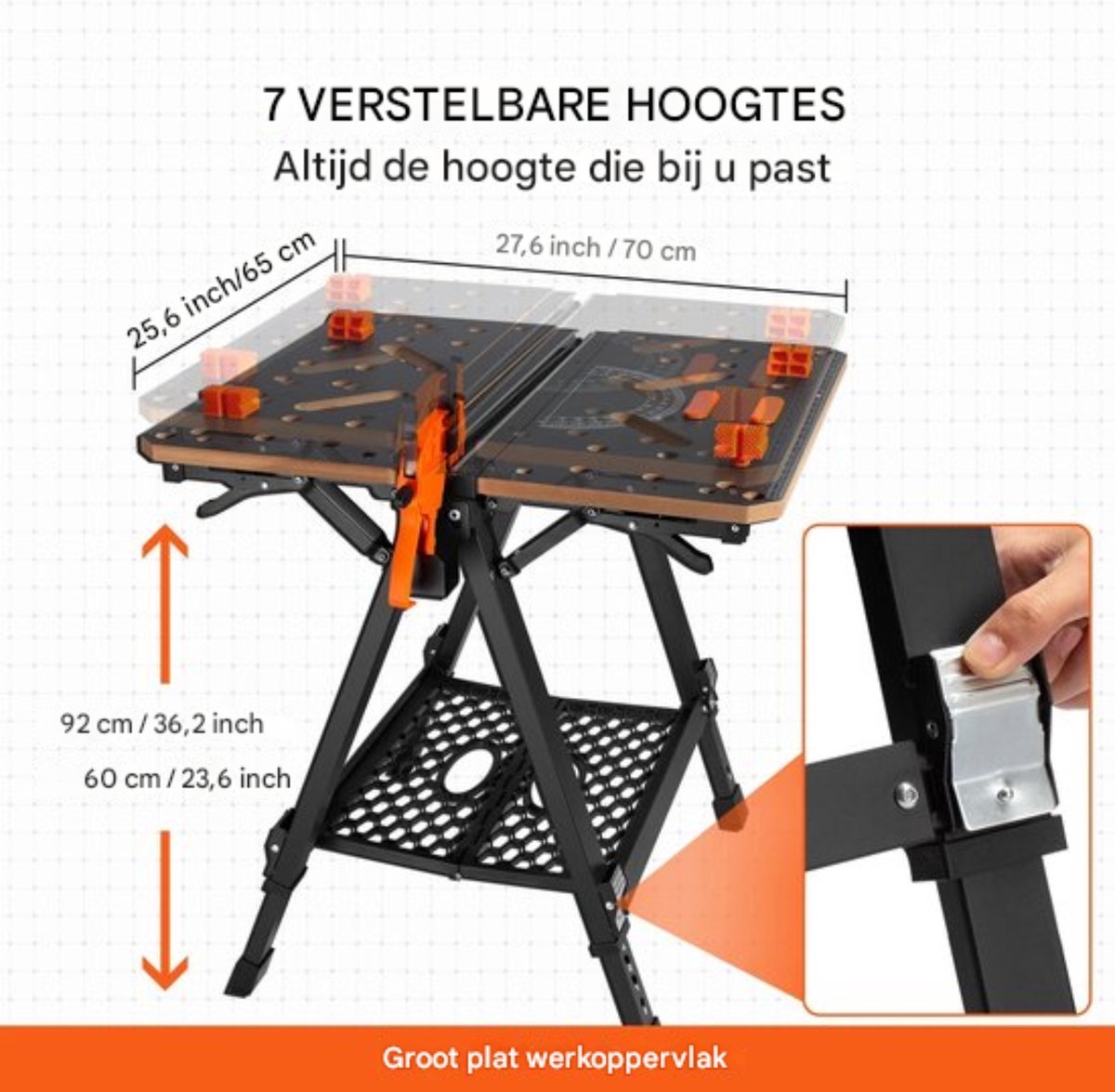Inklapbare Werktafel - Professioneel - Houtbewerking - 7 Werkhoogtes - Klemsysteem - 454KG laadvermogen - Zwart
