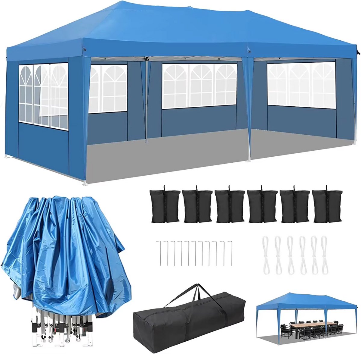 Partytent met zijwanden - 300x600cm - Opvouwbaar - Blauw - 420D Oxford Doek - Easy up - Paviljoen - Waterdicht weerbestendig - In hoogte verstelbaar