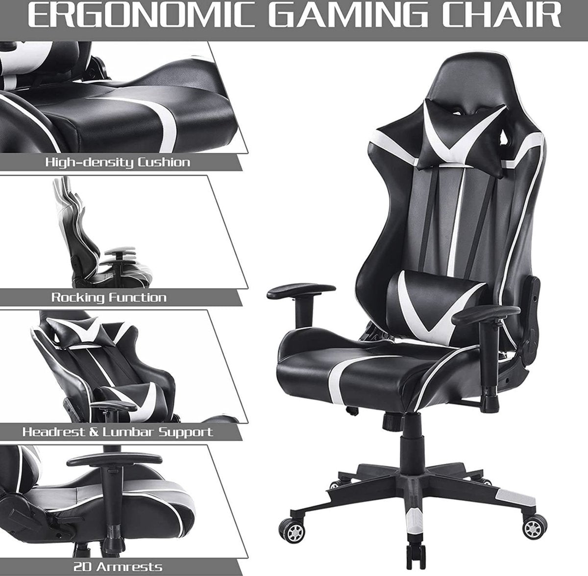 Happyment Gamestoel Liverpool - Kunstleer - Met rugleuning en armleuning - In hoogte verstelbaar - Ergonomisch - Wit/zwart