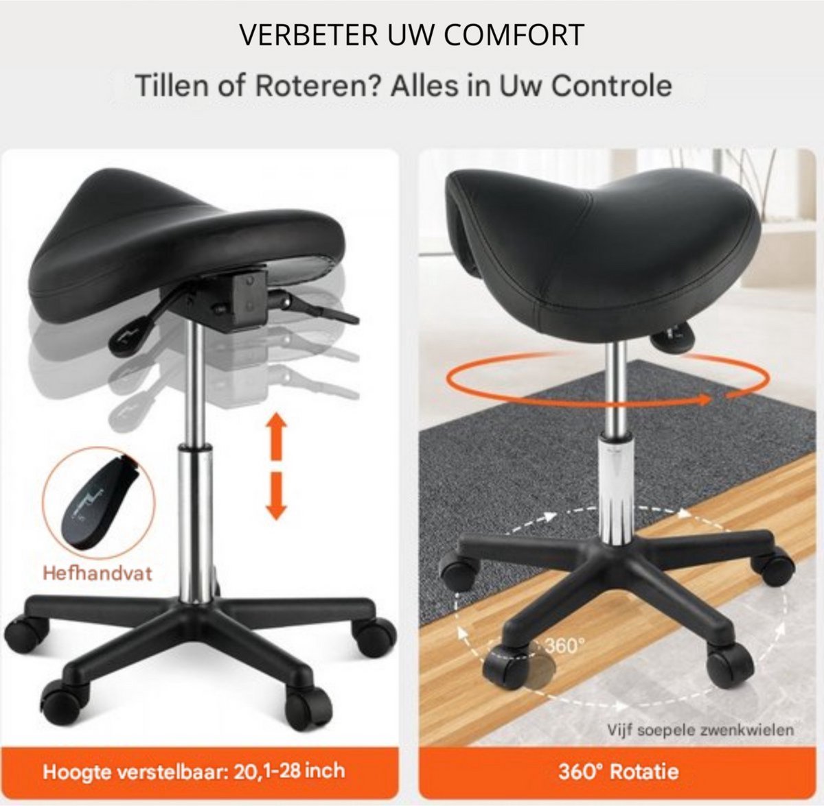 Zadelkruk op wielen - Ergonomische Kruk - Kapperskruk- Tabouret- In Hoogte Verstelbaar - PU Leer met Wielen- Zwart