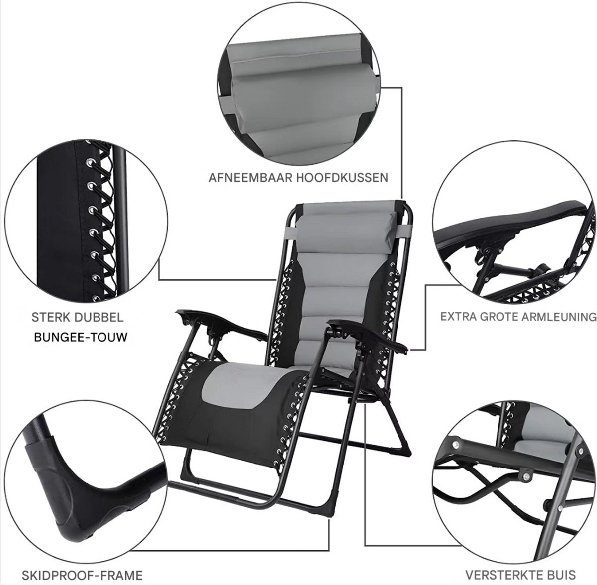 Gewatteerde Zero Gravity Lounge Chair - Tuinstoel - Ligbed - Voor Terras & Tuin - Opvouwbare Fauteuil met Verstelbare Hoofdsteun, Bekerhouder en Ondersteuning tot 160 kg - 1 stuk - Zwart