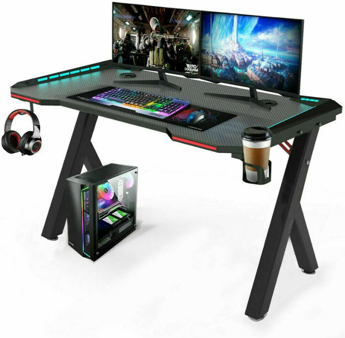 Happyment Gaming bureau Deluxe - Met RGB led verlichting - Gaming desk tafel - Headset en drinkbeker houder - Zwart - 120cm