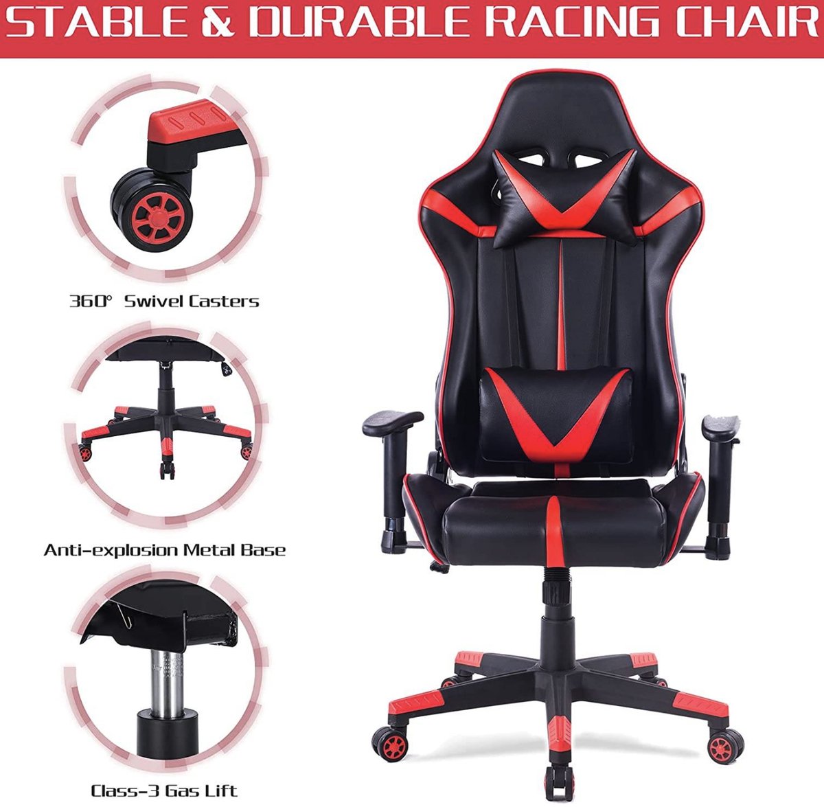 Happyment Gamestoel Derby - Kunstleer - Met rugleuning en armleuning - In hoogte verstelbaar - Ergonomisch - Rood/zwart