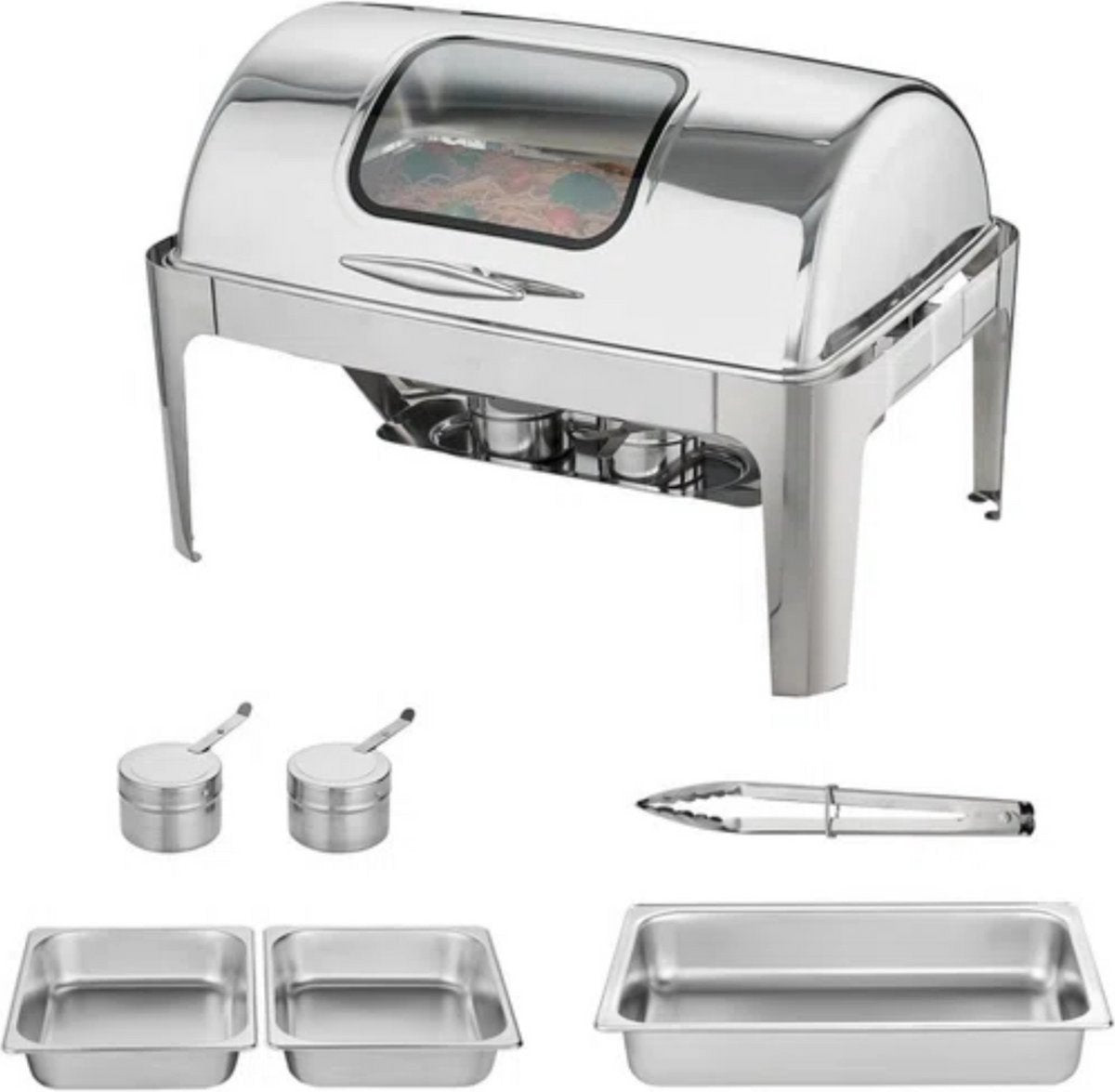 Buffetwarmer XL - Kijkglas - RVS - Warmhoudplaat - Voedselverwarmer met deksel - Chafing dish - Warmhoudbakken - 10L
