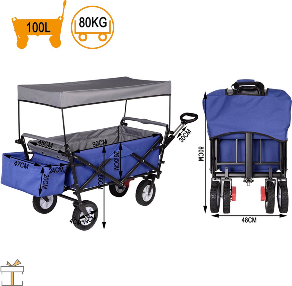 Happyment Bolderkar blauw - Opvouwbaar - Camping bolderwagen - Boodschappen of kinderenvervoer - Strand - Blauw - 80KG