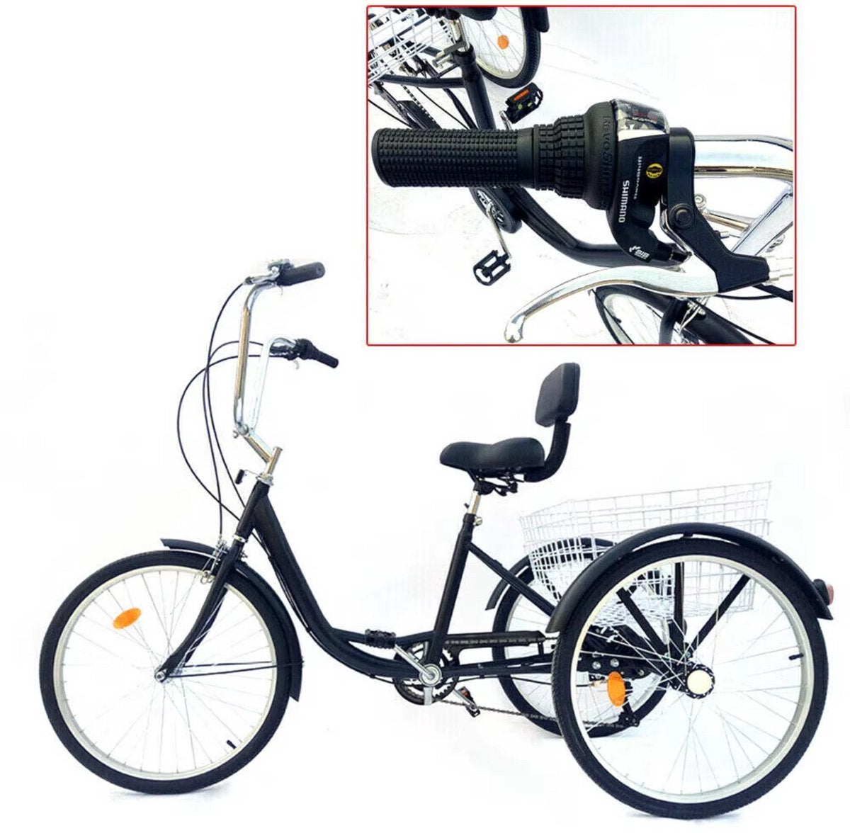 Driewieler Fioren voor volwassenen - 6 versnellingen - Fiets voor senioren - 24 Inch - Met mand - Voorrem - Zwart
