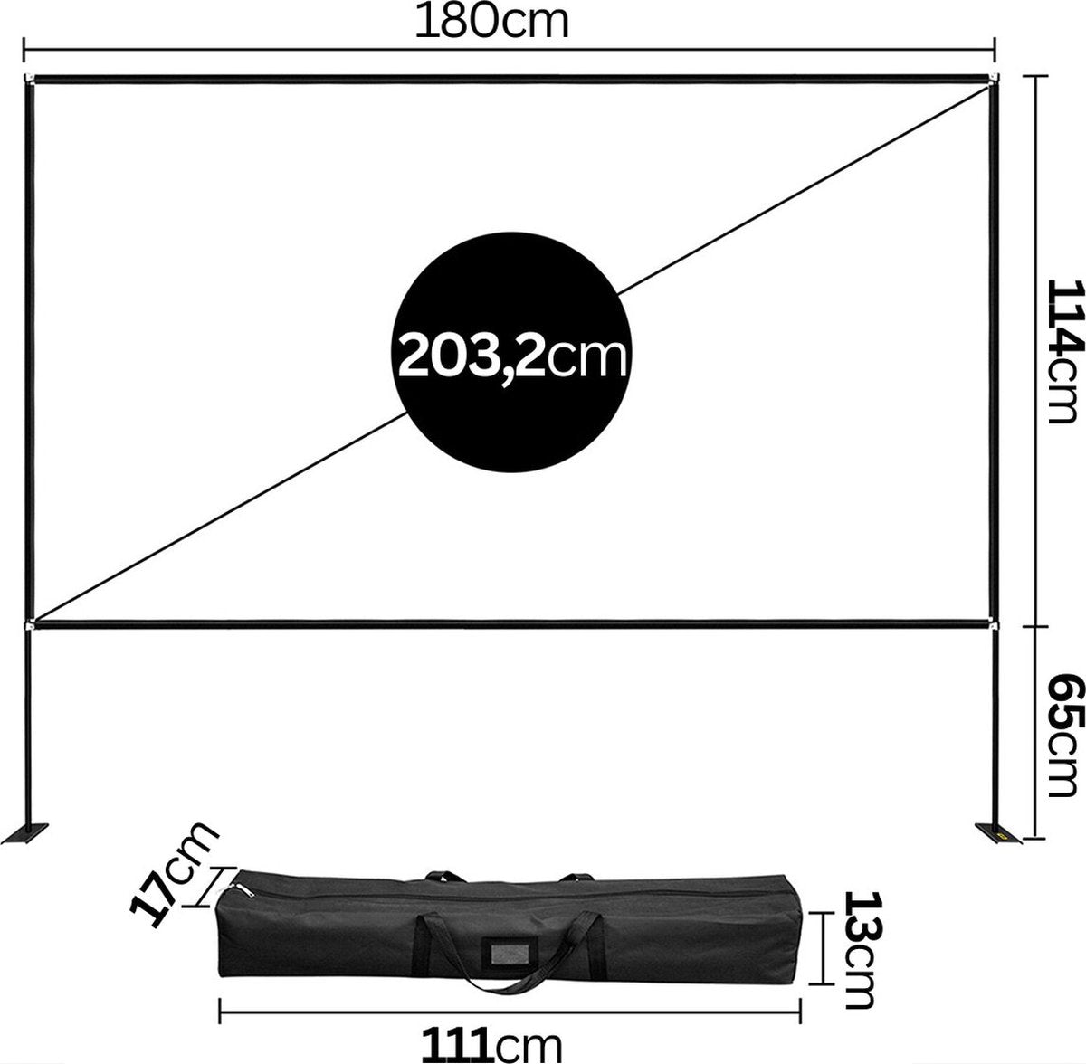 Happyment XXL Projector Scherm 150 Inch – 4K Full HD – 160 Graden Kijkhoek – 16:9 – Uitstekende Kwaliteit – Met Onderstelsel