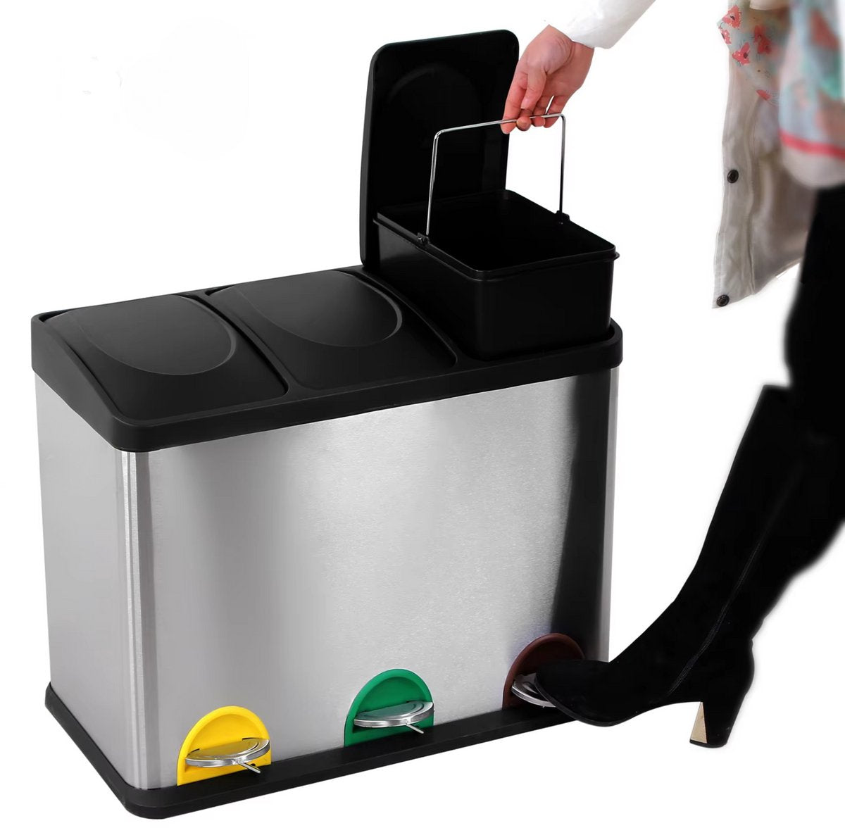 Pedaalemmer 3 vakken - 24L - Prullenbak - Afvalscheiding - RVS - Softclose - Anti-slip