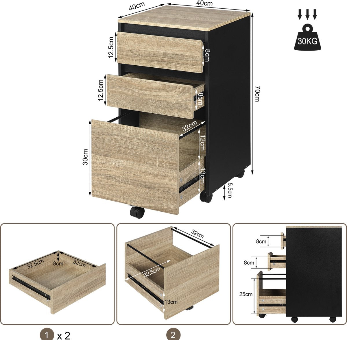 Happyment Luxe archiefkast Lerick - Dossierkast Hout - Bureaukast - Ladeblok bureau - Lichtbruin - 40x70x40 cm (B x H x D)