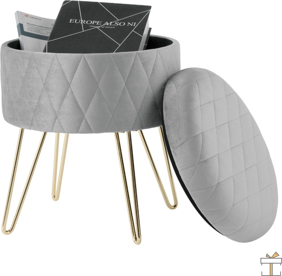 Happyment Luxe Poef Velvet - Grijs - Zitkist met deskel - Voetenbank met opbergruimte - Opbergbox hocker - 2in1