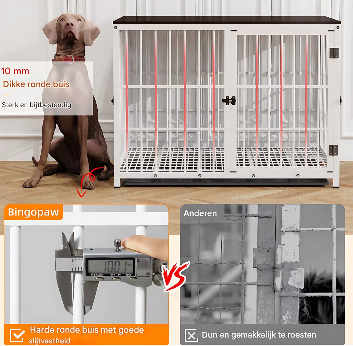 Zware Hondenkennel - Voor Huisdieren - Metalen Hondenkrat met Houten Meubelstijl - Hondenbench - Wit - 107cm