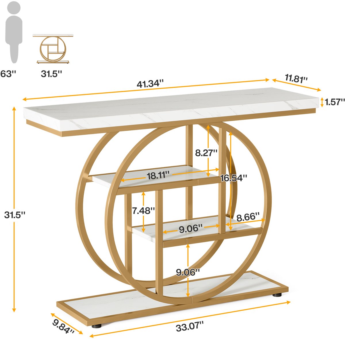 Moderne Haltafel Luno - 100cm - Consoletafel Wandtafel - Goud - Voor Woonkamer of Gang