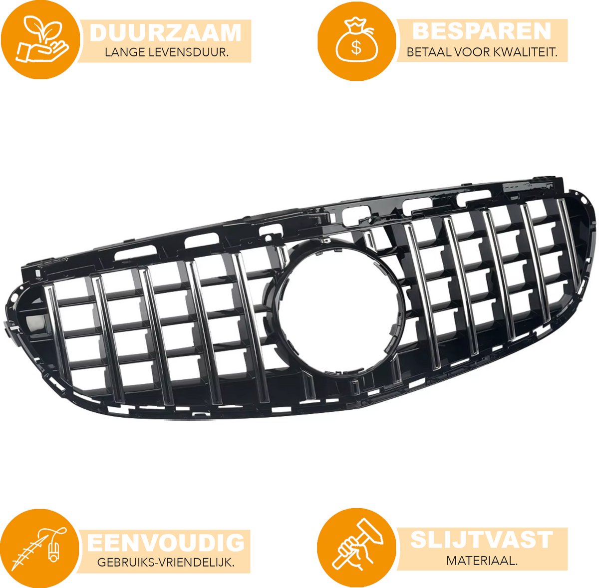Voorbumper grille - GTR Stijl - Voor Mercedes W212 E-Klasse Sedan (2014-2016) - Chroom + Zwart - Auto Accessoires