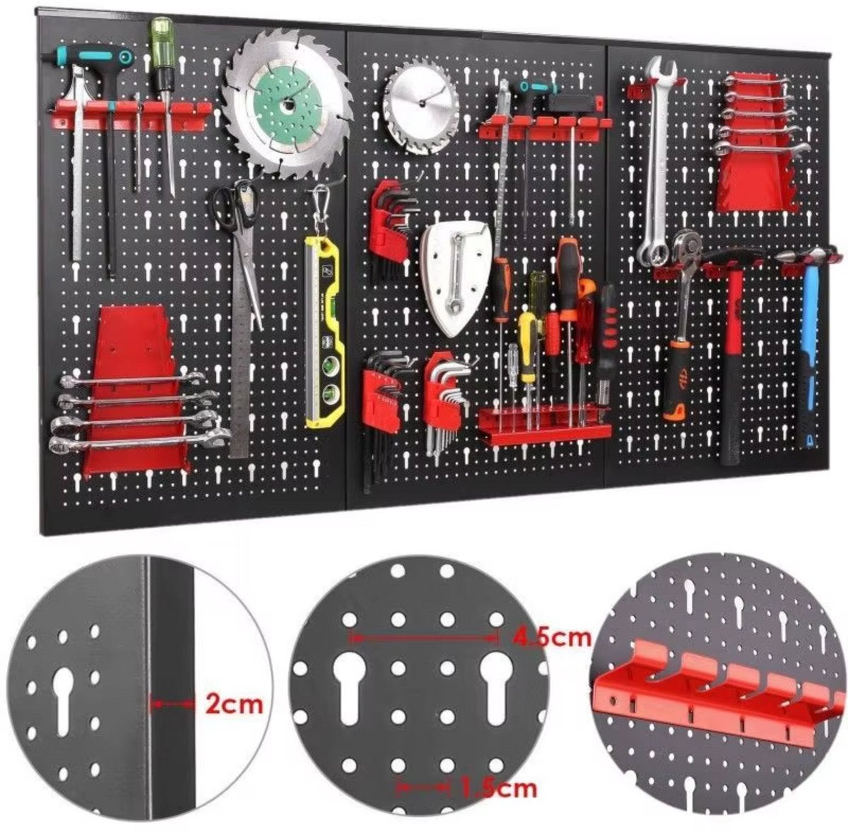 Gereedschapswand - 120x60cm - Pegboard - Gereedschapskast - Gereedschapwand - Gereedschapsbord - Gereedschap organizer - Metalen muur organizer - Tool organizer - Zwart/rood