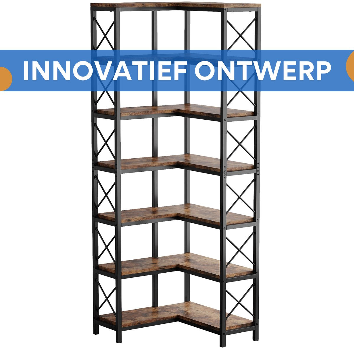 Hoekkast Zakapone - Hoge vakkenkast 200cm - Boekenrek Hoekmeubel - Opbergrek 7 planken - Bruin