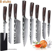 8-delige Japanse keukenmessen set - koksmessenset - Messenset - Keukenmessen - Voor koken en snijden - Laser Damascus patroon, hoogwaardig RVS koksmes - Scherp fruit- en snijmes