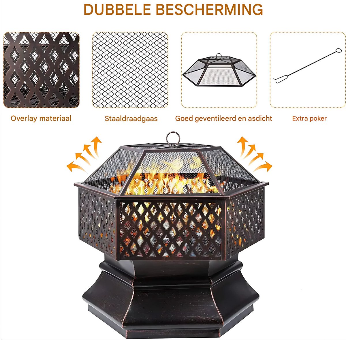 Tuinbarbecue - Vuurkorf - Vuurschaal - Terrashaard - Rookbarbecue - Voor Buiten BBQ - Stalen Kopsapparaat met Brandvertragende Gaasafdekking - Rookbarbecue - 66 cm