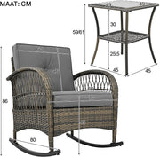 3-delig Tuinmeubelset - Loungeset - Tuinlounge Lounge Set - Lounge Set - Balkonset - Voor Balkon, Tuin of Terras - Rotan & Metalen Frame met Acaciaplaat - Waterdichte Bekleding & Grijze Kussens - 160 kg Draagvermogen