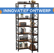 Boekenkast met 7 Lagen - Hoekkast - Bruin - Hoekrek - Voor Woonkamer, Slaapkamer of Kantoor