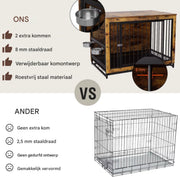Houten Hondenbenche - Hondenren - Hondenkrat Bijzettafel met Afneembare Kommen en Dienblad - Dubbele Deuren Hondenkennel voor Middelgrote Honden Binnen - 112 x 75 x 84 cm - Grijs