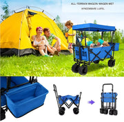 Opvouwbare bolderkar XL - 262L - Opvouwbaar tuinwagen - Met duwstang - Voor buitengebruik - Met verwijderbare luifel en 115 kg capaciteit - All terrain - Blauw