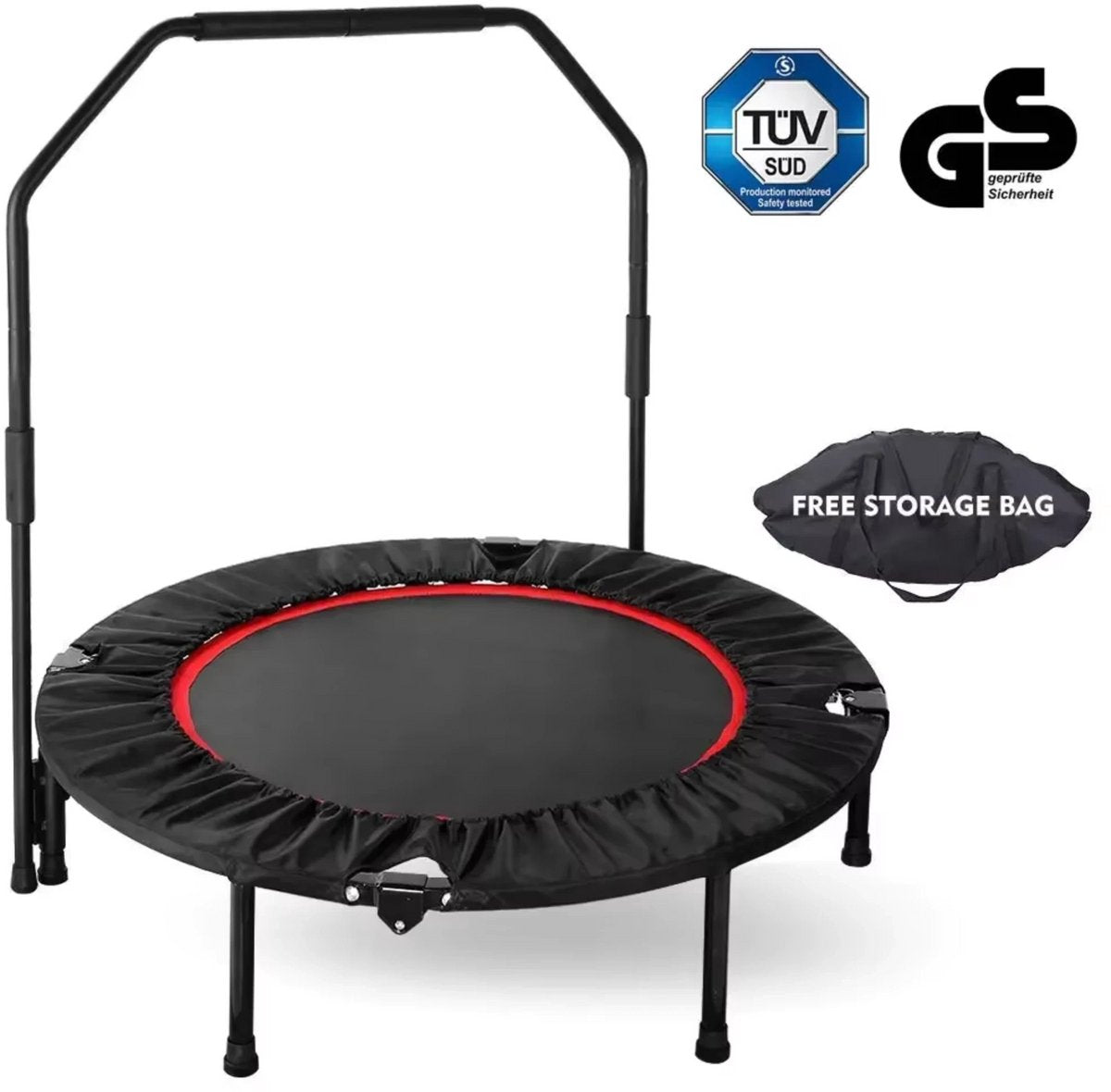 Opvouwbare Mini Fitness Trampoline - Mini trampoline - Sport trampoline - Voor Indoor Workout & Oefening - Met Verstelbare Handgreep & Rebounder Functie - 101 cm, Max 150 kg Belastbaar - Zwart & Rood