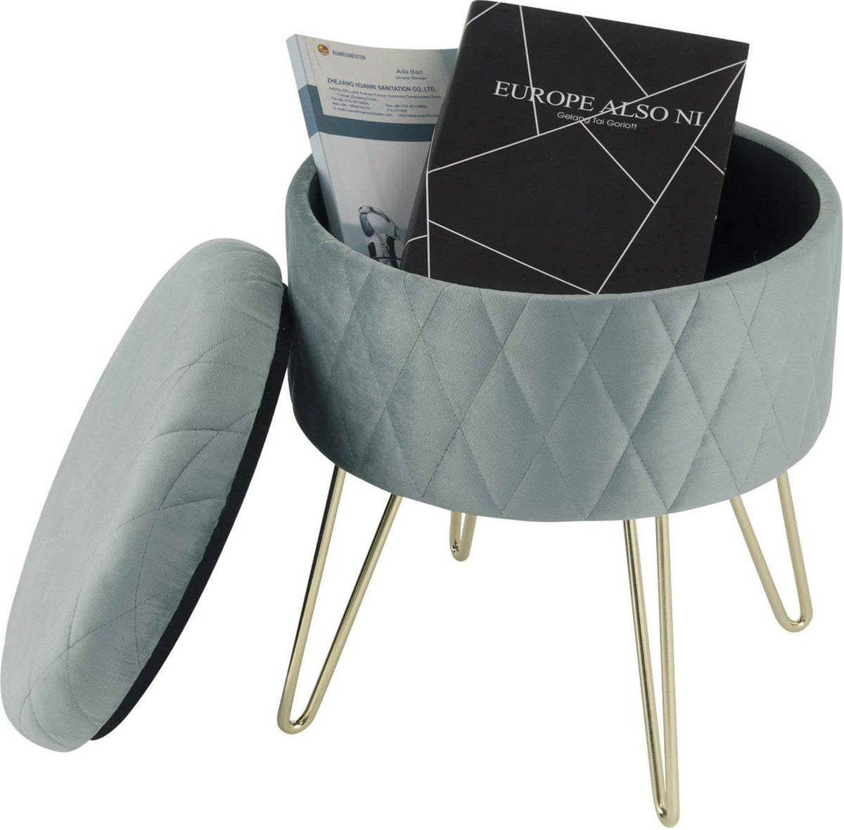 Happyment Poef deluxe - Voetenbank met opbergruimte - Turquoise - Opbergbox hocker - Zitkist met deskel - Velvet - 31.5x31.5x36cm