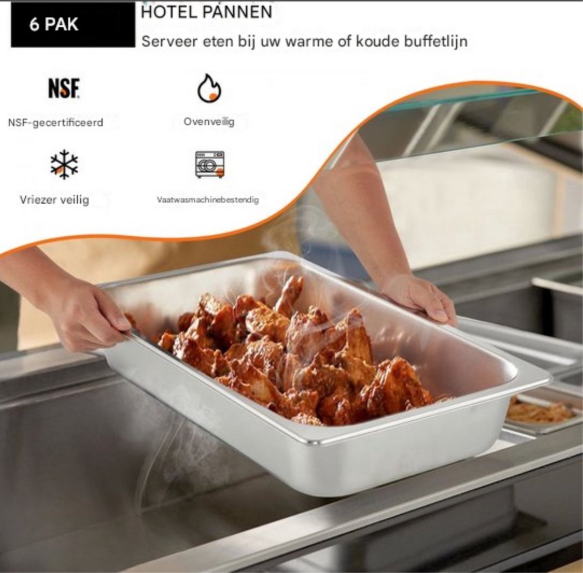 Warmhoudbakken 6 stuks - 13L - Voedselverwarmer - Luxe Stoomtafelpan - Roestvrij Staal - Chafing dish - voor Buffetwarmer - Warmhoudschalen