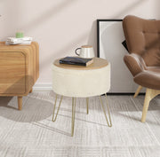 Luxe Poef Feri - Met opbergruimte - Rond - Voetenbank met opbergruimte - Opbergbox hocker - Zitkist met deskel - Beige - Teddy - 39x39x44 cm