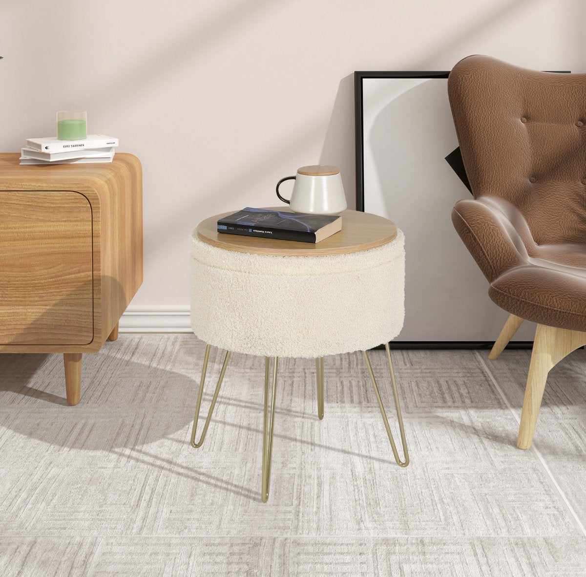 Luxe Poef Feri - Met opbergruimte - Rond - Voetenbank met opbergruimte - Opbergbox hocker - Zitkist met deskel - Beige - Teddy - 39x39x44 cm