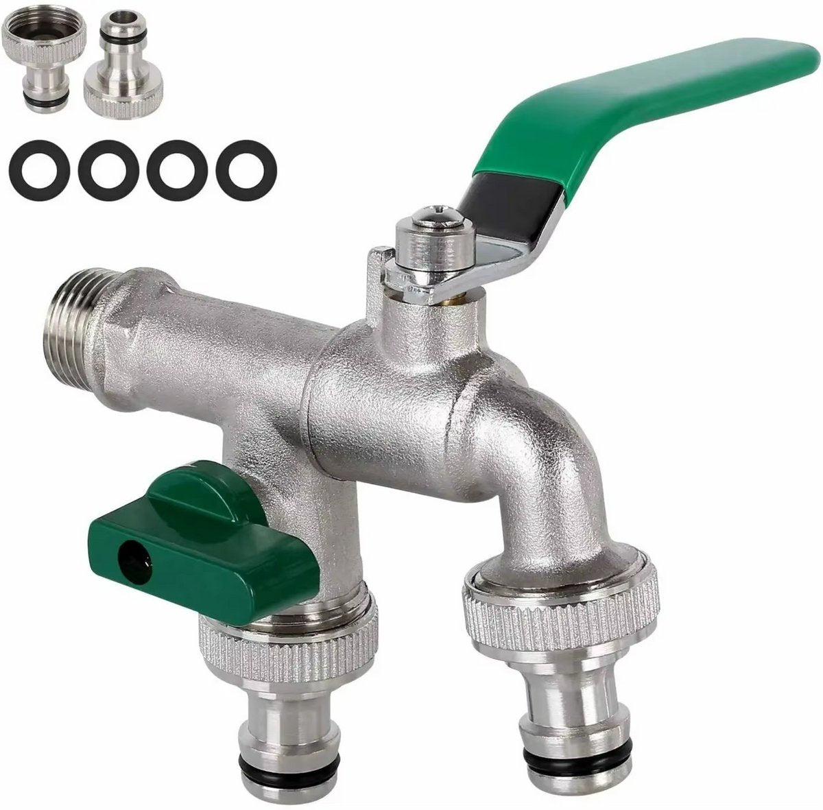 Kogelkraan - Dubbele Aansluiting Tankadapter - Kogeluitlaat - Kraanafvoeradapter voor Algemene Tonnen en Regenwatercontainers - Messing Kraanklep met Kogelkraan