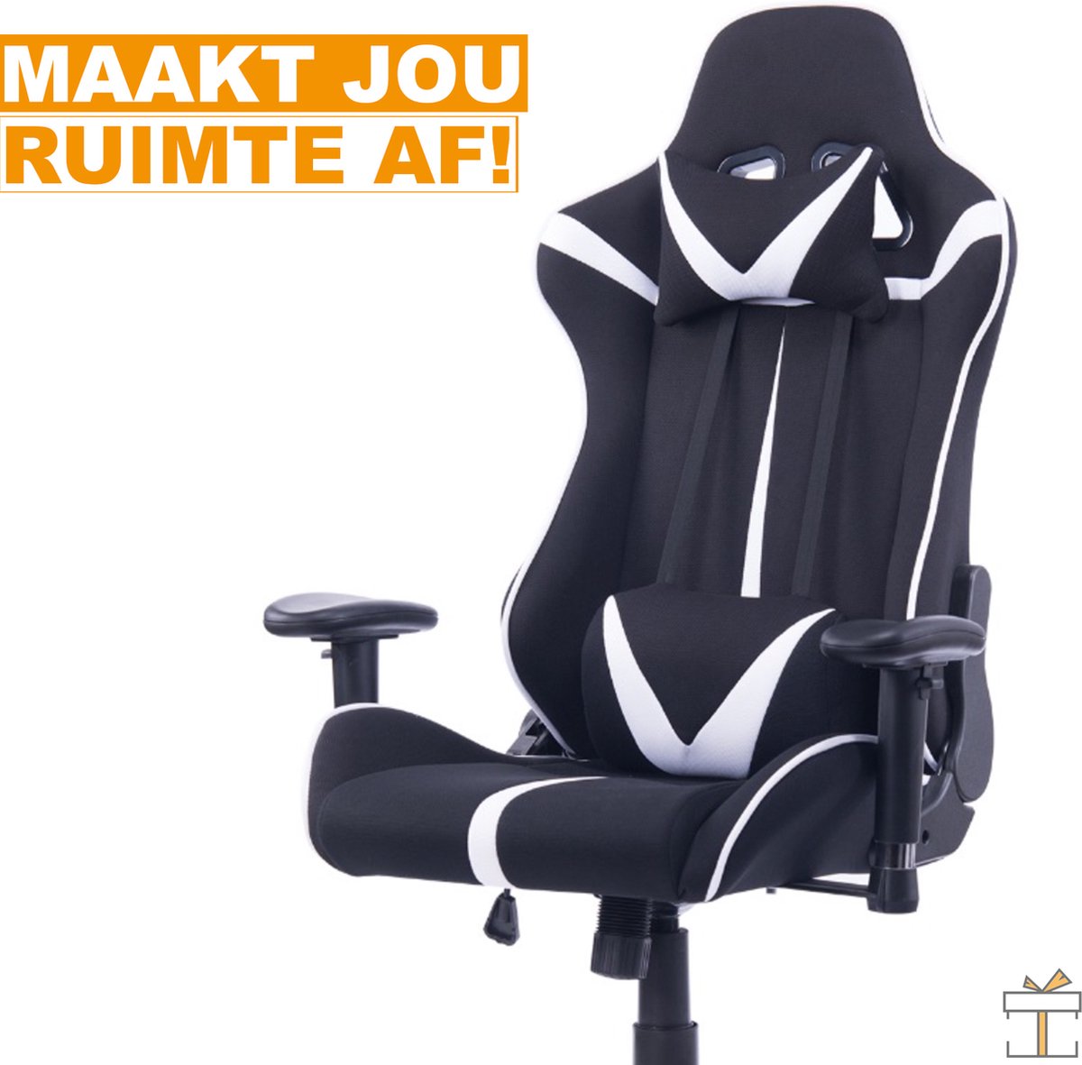 Happyment Luxe Gamestoel - Zwart met wit - Gaming stoel verstelbaar in hoogte - Chair - Ergonomische bureaustoel