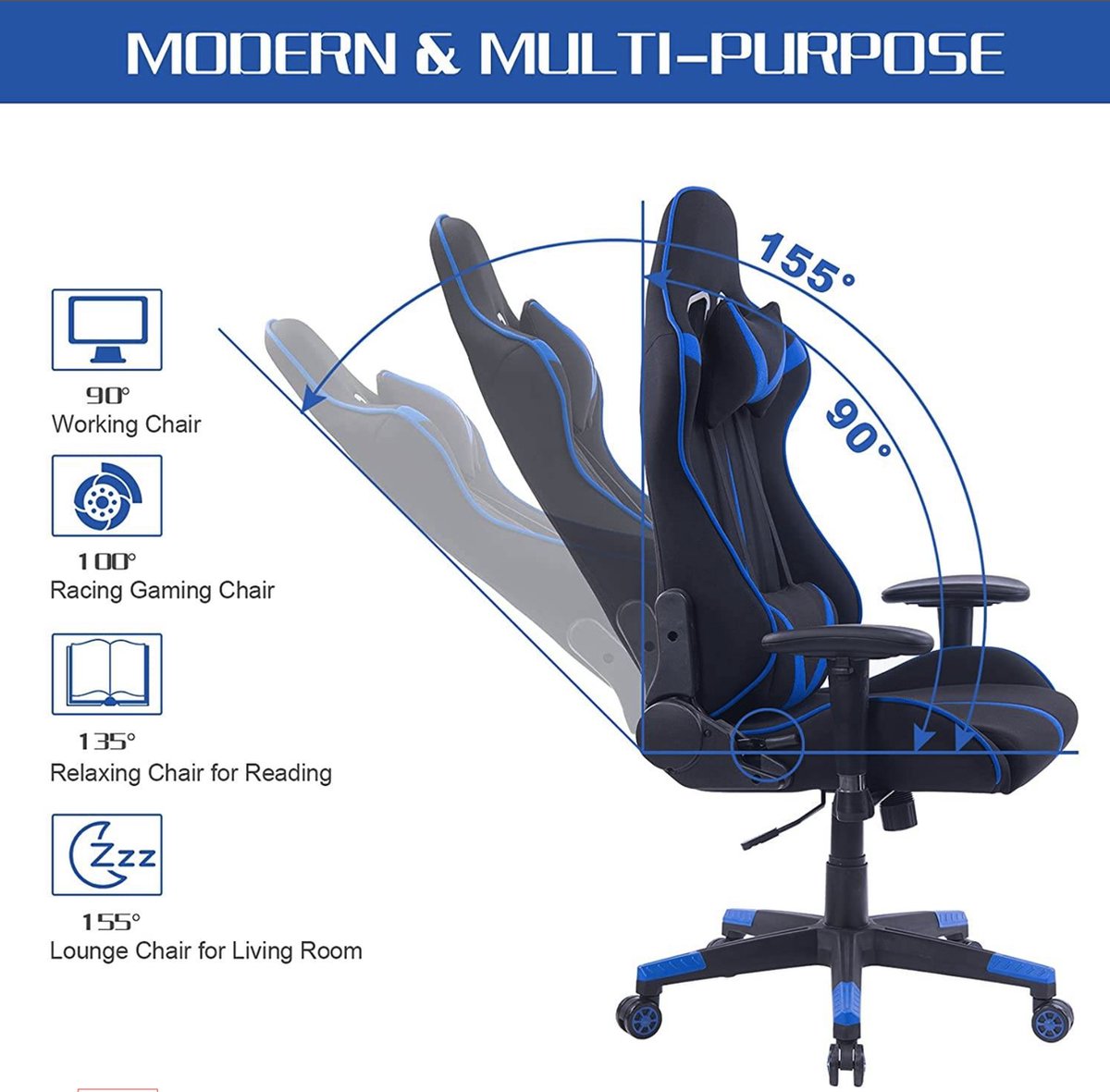 Happyment Gamestoel Sheffield - Kunstleer - Met rugleuning en armleuning - In hoogte verstelbaar - Ergonomisch - Blauw/zwart