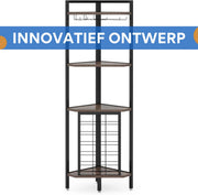 Bar Hoekkast - Wijnrek - 4-laags - Glazenhouder - Opbergrek - Hoekplank - Vakkenkast - Metaal en hout - 40x40x160 cm