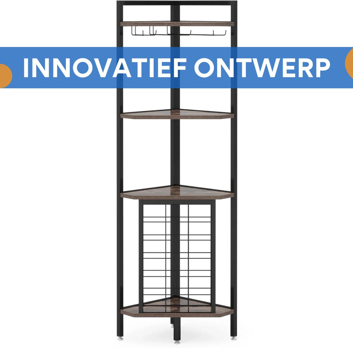 Bar Hoekkast - Wijnrek - 4-laags - Glazenhouder - Opbergrek - Hoekplank - Vakkenkast - Metaal en hout - 40x40x160 cm