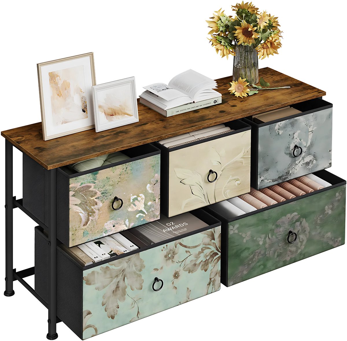 Ladekast met 5 Laden -Dressior - Kast - Voor Woonkamer, Slaapkamer, Keuken of Hal - TV-Kast & Dressoir - Met Stof en Metalen Frame van
