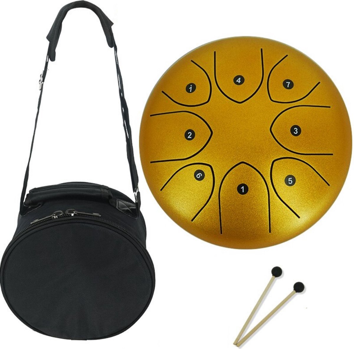 Happyment Stalen Tongdrum - Tongtrommel - Schijftrommel - Tong Drummer - Steel Tongue Drum - Klankschaal - Percussie Instrument - Handpan - Inclusief Drumsticks en Opbergtas - 8 Noten - 20cm - Goud