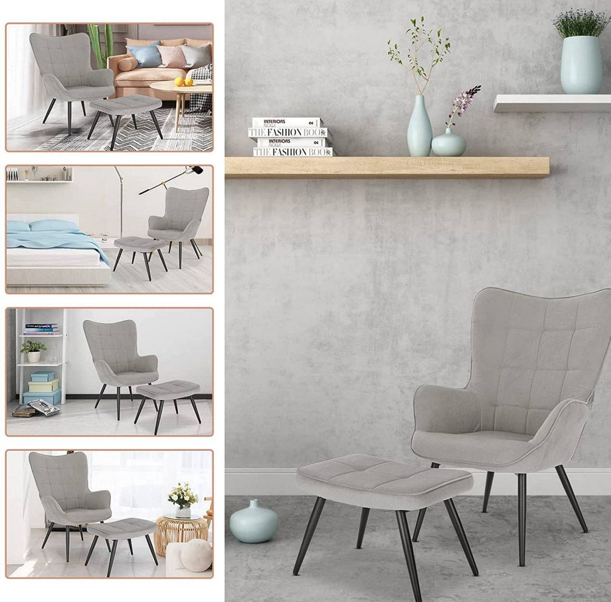 Luxe Fauteuil met hocker - Armleuning - Voetenbank Woonkamer stoel - Corduroy - Lichtgrijs