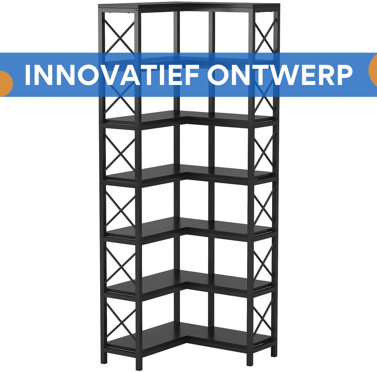 Boekenkast met 7 Lagen - Hoekkast - Zwart - Hoekrek - Voor Woonkamer, Slaapkamer of Kantoor