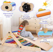 3-in-1 opvouwbaar driehoekig klimspeelgoed - Buitenspeelgoed - Voor kinderen, speelgym, klimmer en rocker - Binnenklimtoestel met oprit - Houtlook