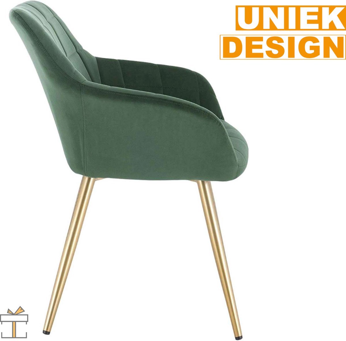 Eetkamerstoel - Velvet Groen/Goud - Met armleuning - Fauteuil stijl - Set van 1