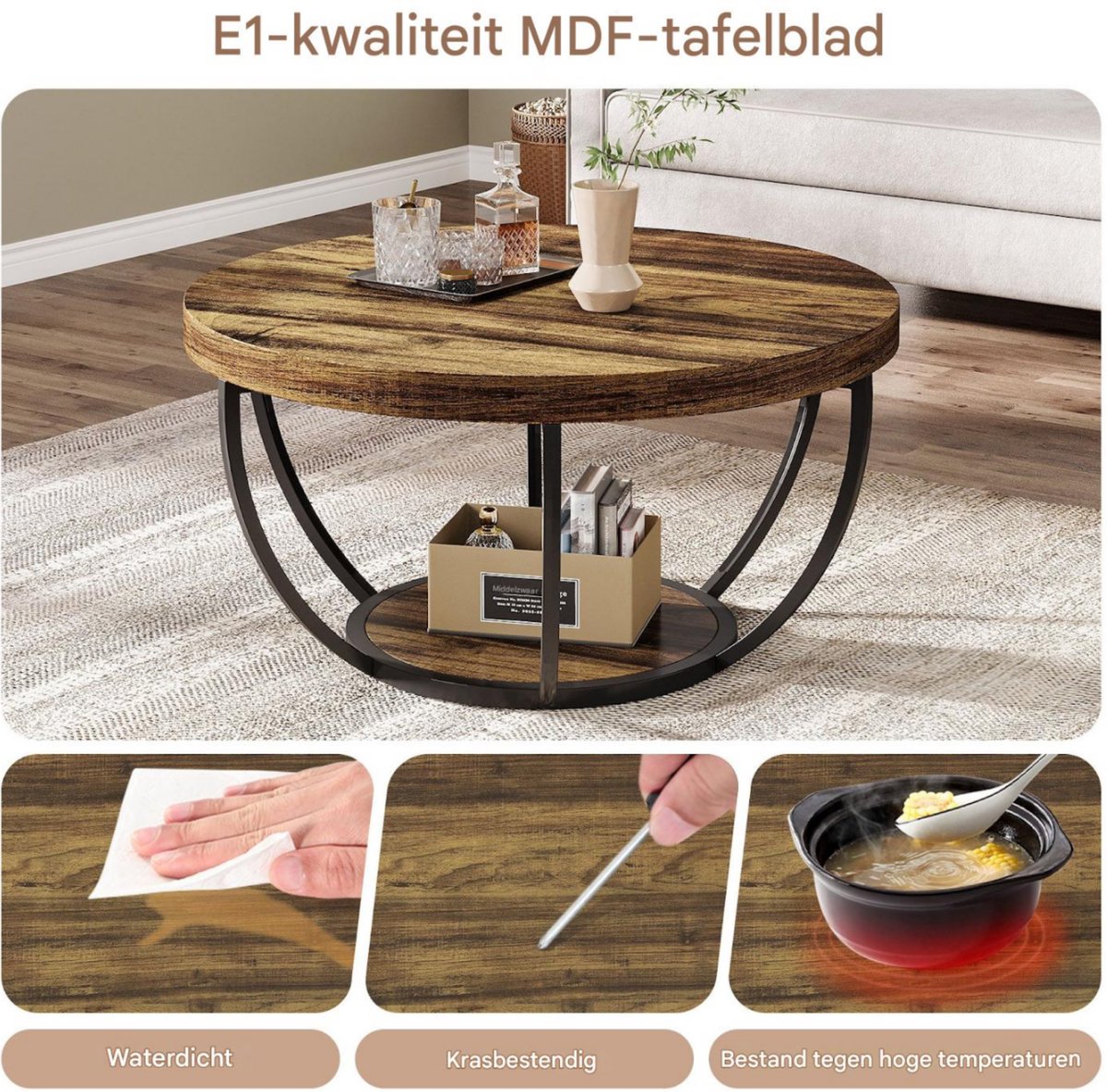 Salontafel Turin - Rond - Modern - Voor woonkamer - Bijzettafel - 80cm - Bruin