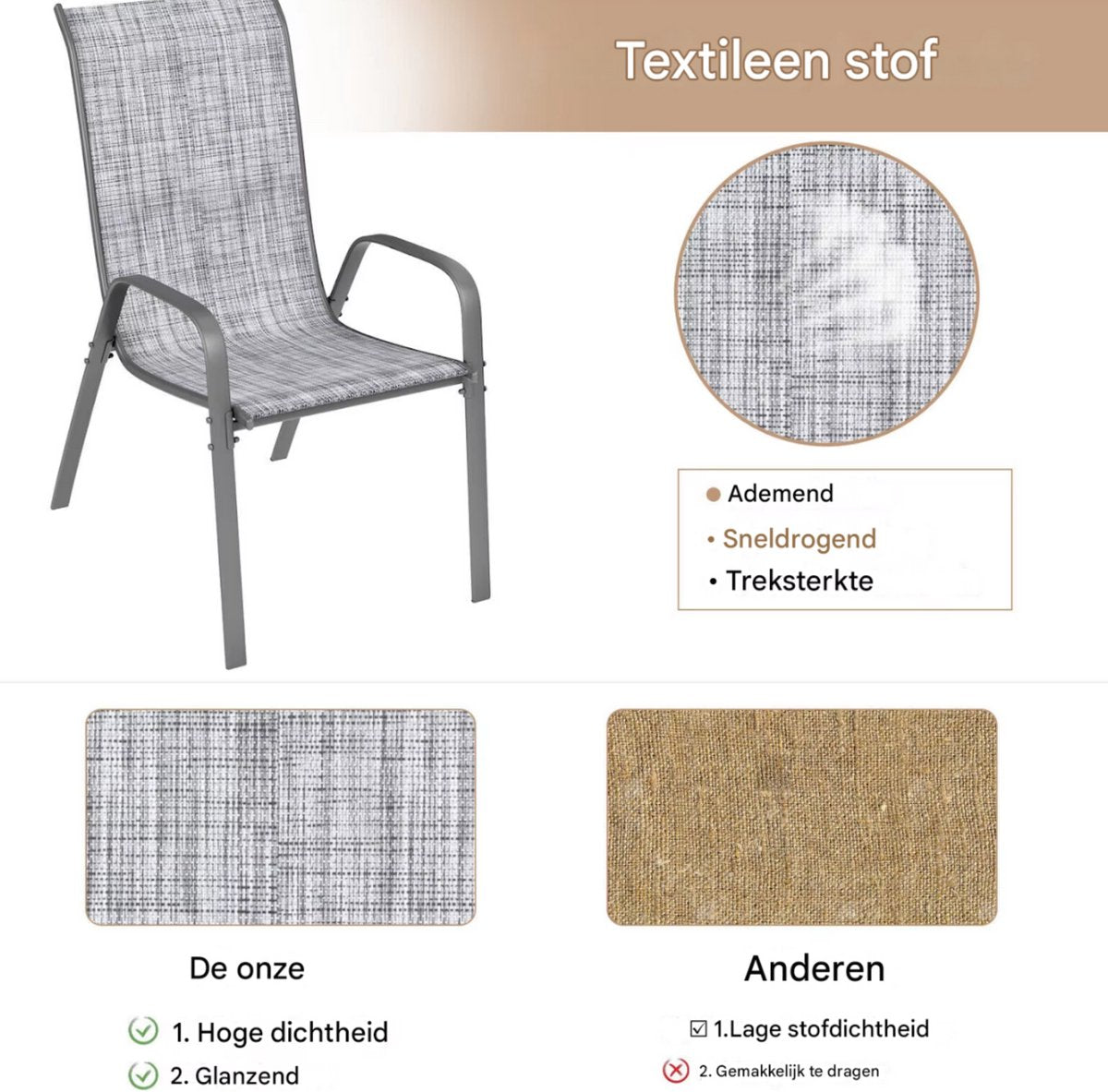Metalen Buitenstoelenset - Tuinstoelen - Tuintafel stoelen - Stapelbare Terrasstoelen van Textilene - Set van 4, Max. Belastbaarheid 150 kg - Grijs