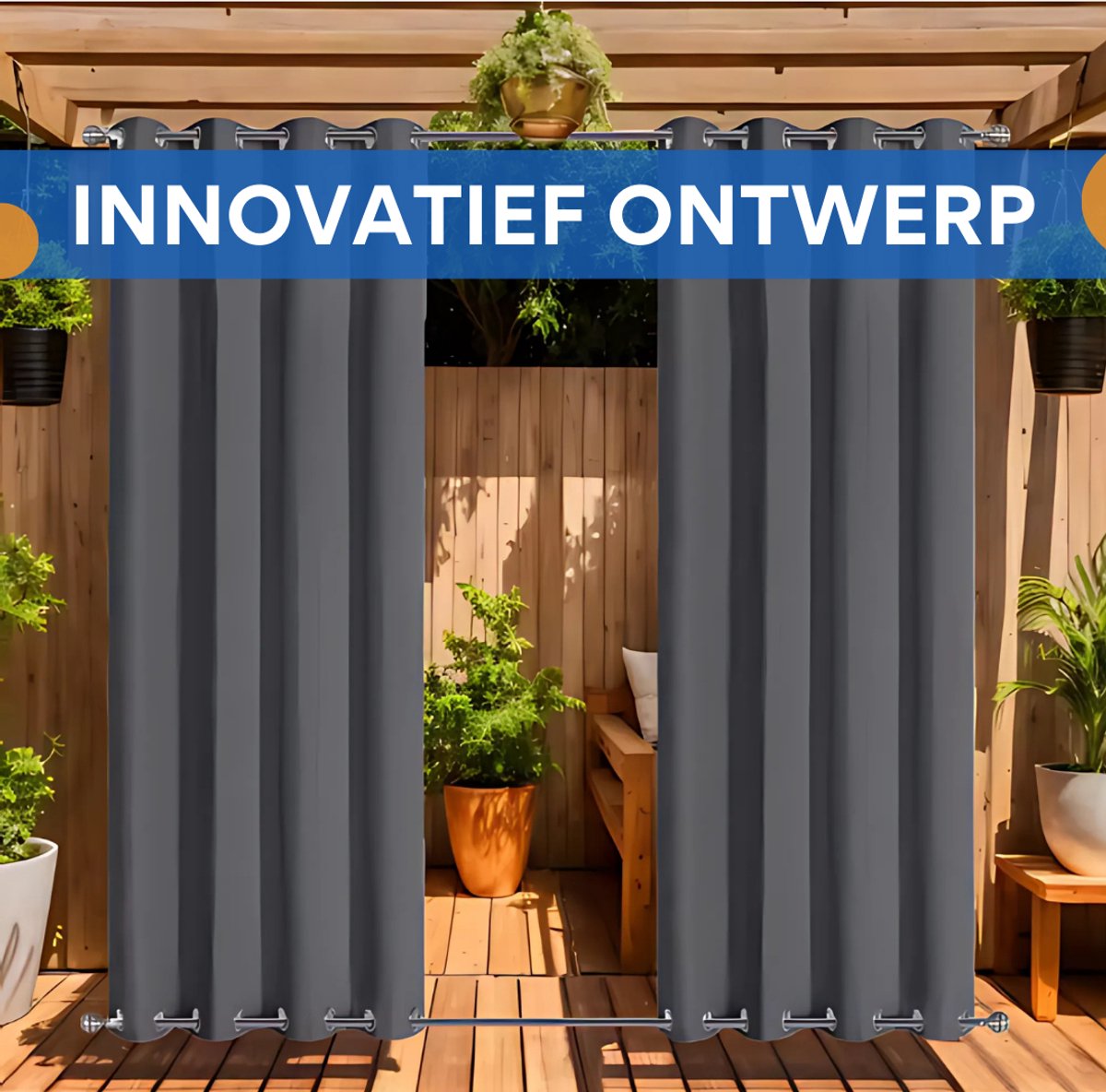 Waterdicht buitengordijnen - Winddicht en verduisterend - Voor Overkapping, Tuinterras, Gazebo en Pergola - Thermisch Geïsoleerd - Donkergrijs 140x213cm