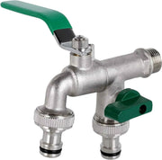 Kogelkraan - Dubbele Aansluiting Tankadapter - Kogeluitlaat - Kraanafvoeradapter voor Algemene Tonnen en Regenwatercontainers - Messing Kraanklep met Kogelkraan