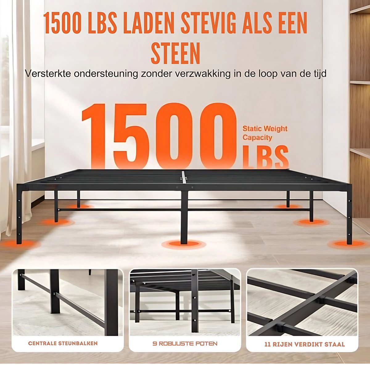 Zwart Stalen Platformbed met Lattenbodem – 680 kg Draagvermogen – Met Opbergruimte Onder Bed